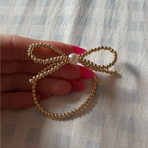 Gold Beaded Bow Bracelet with Pearl Accent
